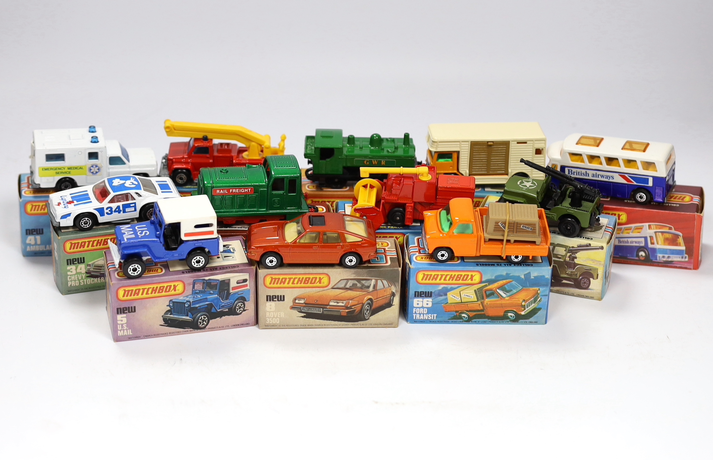 Twelve boxed Matchbox Superfast 1-75 New series diecast vehicles